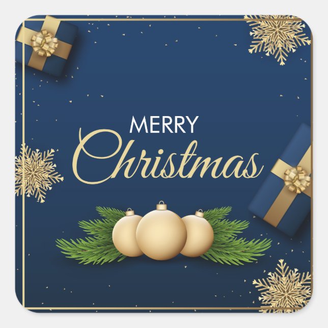 Adesivo Quadrado Cartão de Natal com Flocos de Neve ouro, Feliz Nat (Frente)