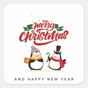 Adesivo Quadrado Cartão de Natal de Pinguim Engraçado, Feliz Natal 
