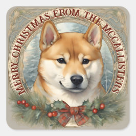 Adesivo Quadrado Cartão de Natal Personalizado do Cachorro Shiba In