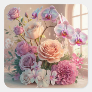 Adesivo Quadrado Cartão de Saudação de Flores de Mola 3D com Rosas