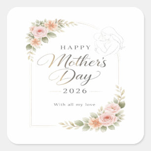 Adesivo Quadrado Cartão do Dia das Mães — Moldura Floral "Feliz Dia
