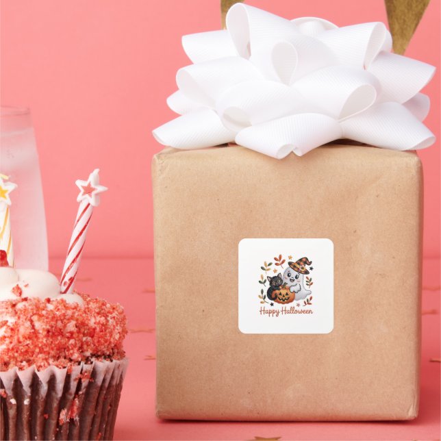 Adesivo Quadrado Cartão Encantador de Saudação do Halloween - Embr  (Festa)