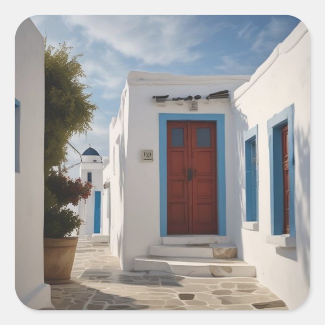 Adesivo Quadrado Cartão-postal Viagem de Grécia do Mykonos (Frente)