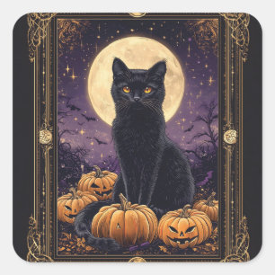 Adesivo Quadrado Cartão tarô temido do Halloween com gato preto