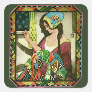 Adesivo Quadrado Cartaz de Colchoeiro Art Nouveau – Mulher de Costu
