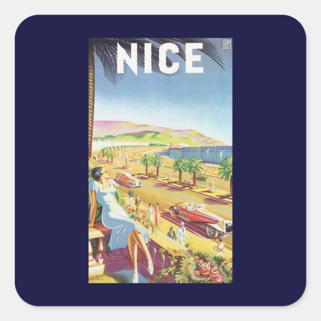 Adesivo Quadrado Cartaz de Viagem Antigo, Nice, França Riviera Fran (Frente)