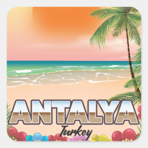 Adesivo Quadrado Cartaz de viagem da praia de Antalya Turquia