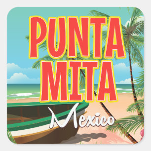 Adesivo Quadrado Cartaz de viagem da praia mexicana de Punta Mita.