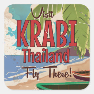 Adesivo Quadrado Cartaz de viagem vintage da Praia de Krabi Tailând