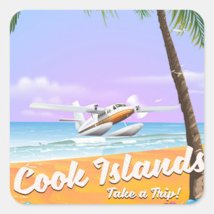 Adesivo Quadrado Cartaz de viagem vintage das Ilhas Cook na praia.