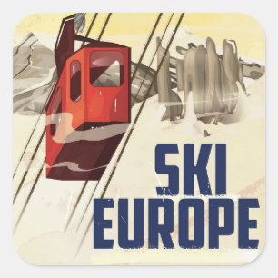 Adesivo Quadrado Cartaz de viagem vintage de esqui na Europa.