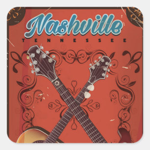 Adesivo Quadrado Cartaz de viagem vintage de guitarra de Nashville,