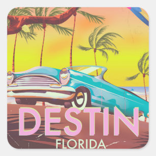 Adesivo Quadrado Cartaz de viagem vintage Destin Flórida EUA.
