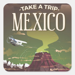 Adesivo Quadrado Cartaz de viagem vintage do vulcão mexicano