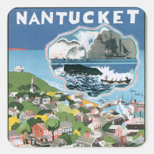 Adesivo Quadrado Cartaz de Viagem Vintage, Mapa da Ilha Nantucket,