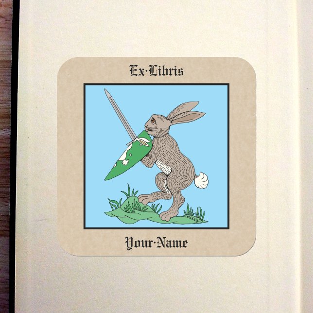 Adesivo Quadrado Cartaz do Coelho Guerreiro Medieval (Medieval Warrior Rabbit Bookplate)