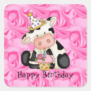 Adesivo Quadrado Cartoon Birthday Cow Party Sticker