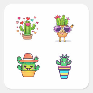 Adesivo Quadrado Cartoon Bonito Cactus Funny 4 Pack Stickers.png