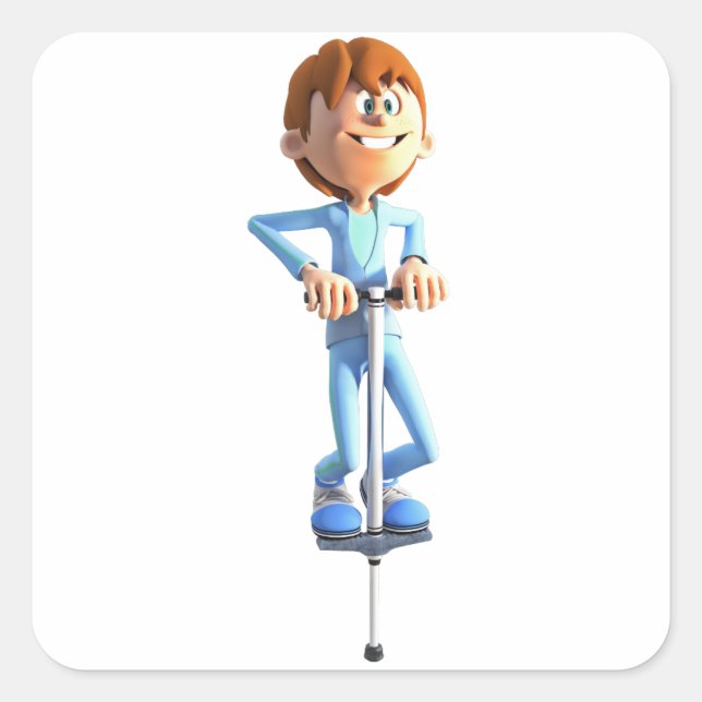 Adesivo Quadrado Cartoon Boy no Pogo Stick (Frente)