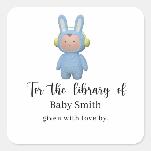 Adesivo Quadrado cartoon boy rabbit Baby Shower Library (Frente)