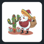 Adesivo Quadrado Cartoon cactus e Papai Noel vestindo um sombrero<br><div class="desc">natal mexicano santa claus,  natal mexicano,  diversão de Feliz Navidad,  sorriso divertido,  bigode da cultura mariachi,  bigode hispânico mébrero latin,  alegria colorida da neve mexicana,  sorriso animado homem de inverno,  celebração de bonitinho no chapéu,  feriado feliz de ilustração,  desenho animado de feliz,  natal santa claus mexicano, </div>