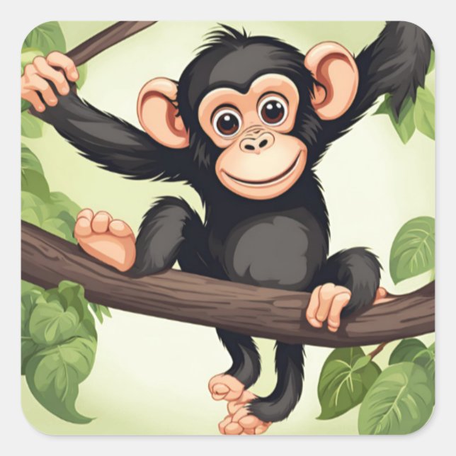 Adesivo Quadrado Cartoon Chimpanzé Engraçado e Bonito (Frente)