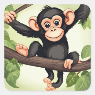 Adesivo Quadrado Cartoon Chimpanzé Engraçado e Bonito
