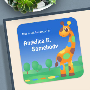 Adesivo Quadrado Cartoon Colorido Giraffe Bookplate