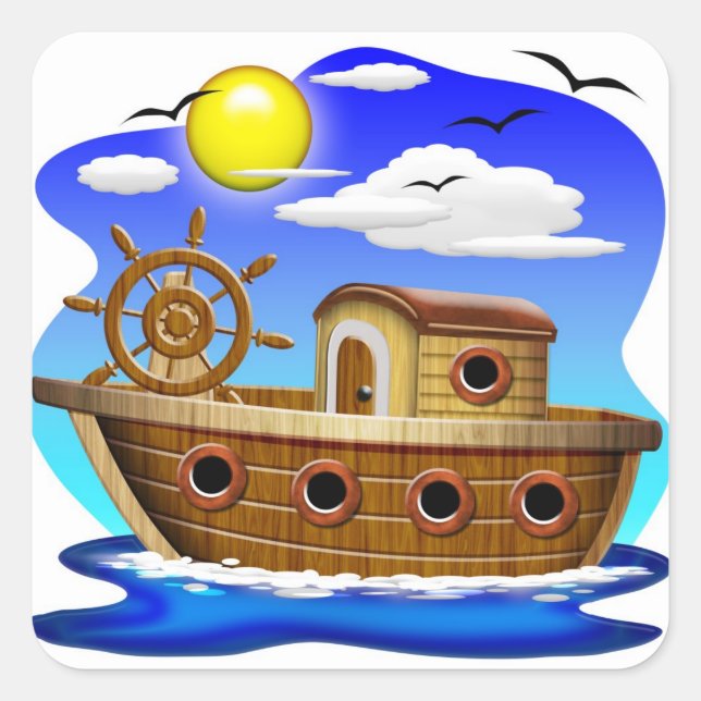 Adesivo Quadrado Cartoon de Barcos de Pesca (Frente)