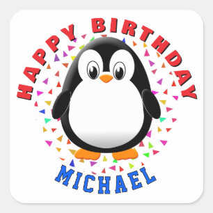 Adesivo Quadrado Cartoon de Pinguim Fofo com Nome Personalizado de