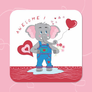 Adesivo Quadrado Cartoon Elephant Hearts Autoadesivos Recompensas