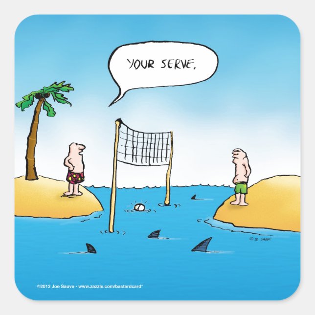 Adesivo Quadrado Cartoon Engraçado de Voleibol de Tubarão (Frente)