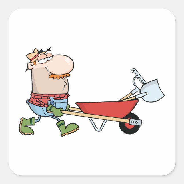 Adesivo Quadrado Cartoon Farmer com Wheelbarrow e Ferramentas (Frente)
