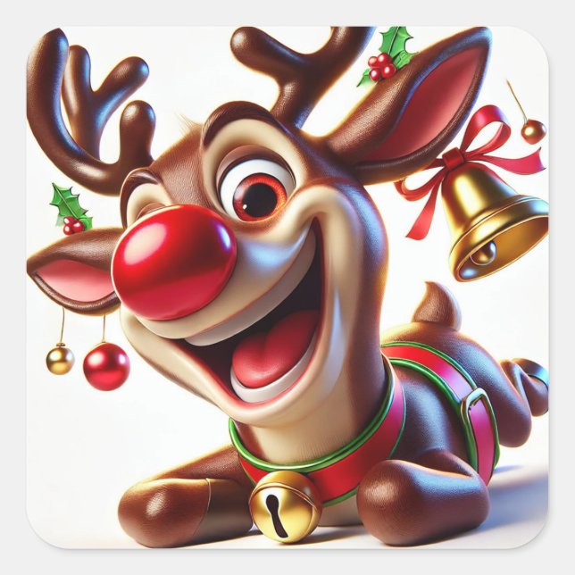 Adesivo Quadrado Cartoon Festivo Reindeer com Decoração de Natal (Frente)