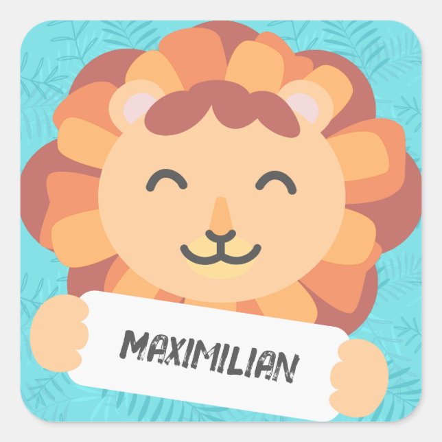 Adesivo Quadrado Cartoon Löwe mit Namensschild - blau (Frente)