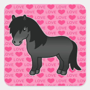 Adesivo Quadrado Cartoon Negro Shetland Pony Love Hearts