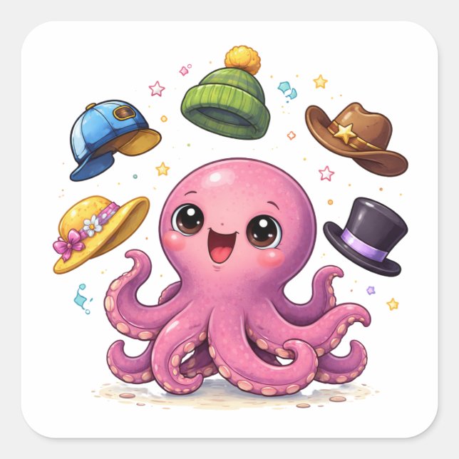 Adesivo Quadrado Cartoon octopus juggling hats Sticker (Frente)