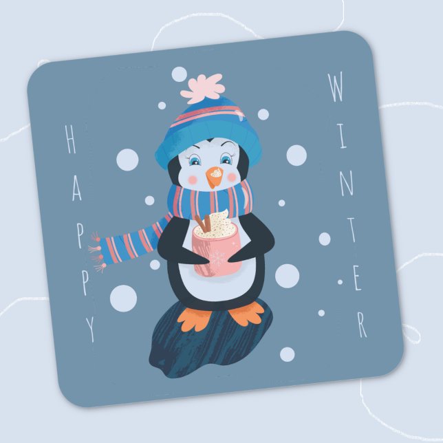 Adesivo Quadrado Cartoon Penguin with Hot Cocoa Blue Sticker (Cartoon penguin with hot cocoa blue square winter sticker .)