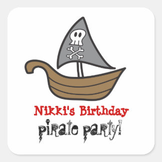 Adesivo Quadrado Cartoon Pirate Ship Skulls & Bones Party Sticker