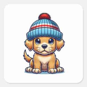 Adesivo Quadrado Cartoon Puppy Vestindo Beanie Hat