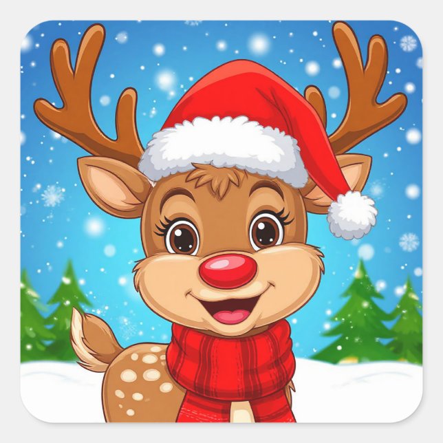 Adesivo Quadrado Cartoon Reindeer Com Santa Hat (Frente)
