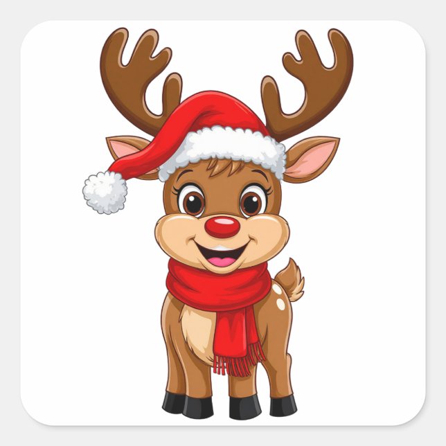 Adesivo Quadrado Cartoon Reindeer Com Santa Hat (Frente)