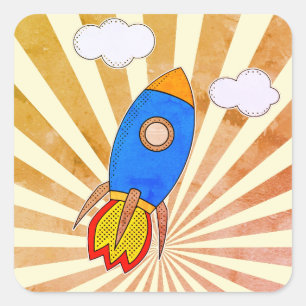 Adesivo Quadrado Cartoon Rocket Retro Sunset
