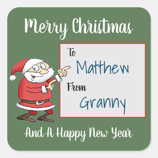 Adesivo Quadrado Cartoon Santa Claus Apontando Em Nome Do Destinatá (Frente)