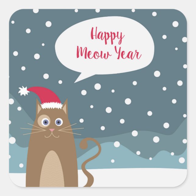 Adesivo Quadrado Cartoon santa que feliz gatinha snowflake floresta (Frente)
