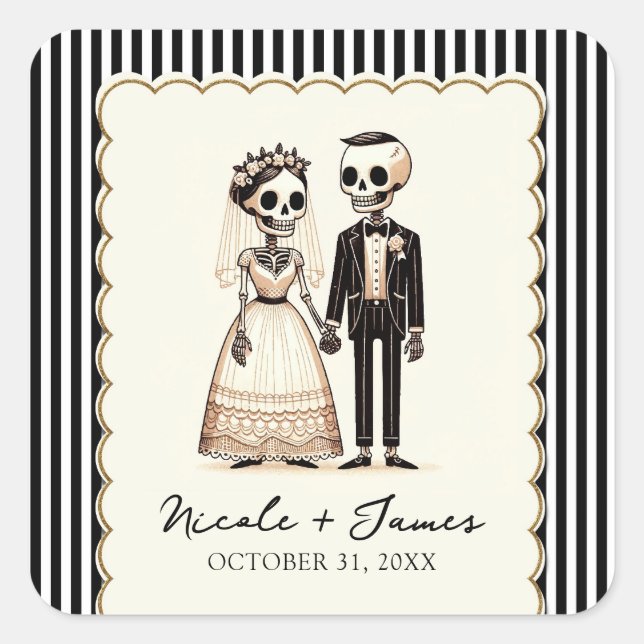 Adesivo Quadrado Cartoon Skeleton Bride + Casamento Whimsical (Frente)
