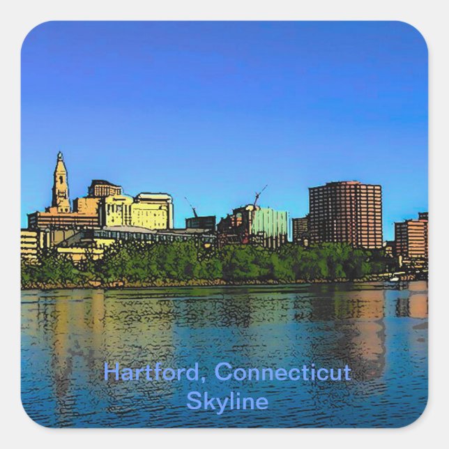 Adesivo Quadrado Cartoon Skyline do Hartford Connecticut (Frente)