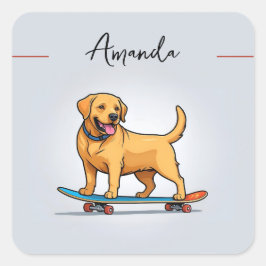 Adesivo Quadrado Cartoon Yellow Joyful Skateboard Labrador