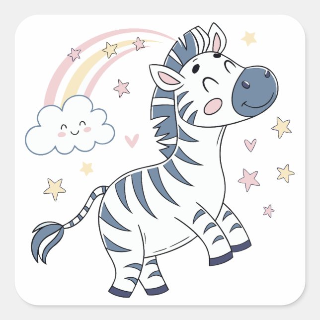 Adesivo Quadrado Cartoon Zebra Adorável com Arco-Íris e Estrelas | (Frente)