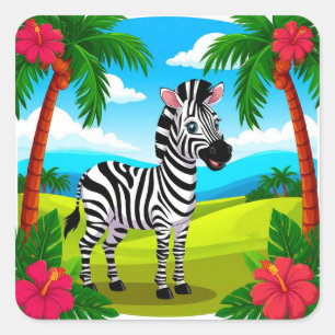 Adesivo Quadrado Cartoon Zebra animado em uma paisagem tropical